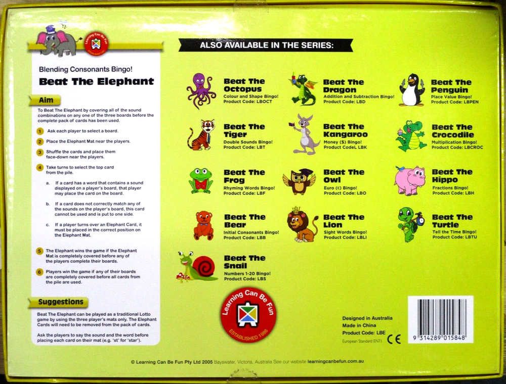 Beat The Elephant Blending Consonants Bingo, by Learning Can Be Fun