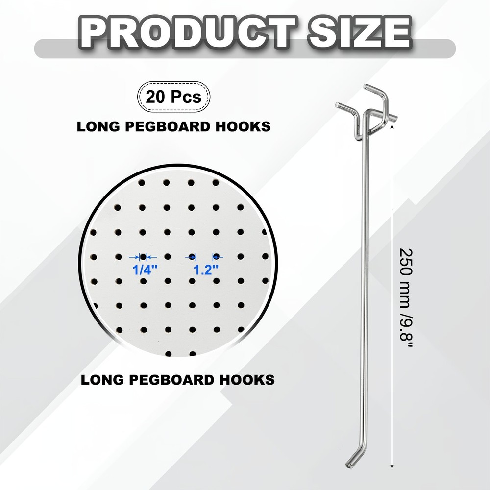 20 Pcs Pegboard Hooks, 9.8" Peg Board Hooks Kit, Silver Tone (1.2mm)
