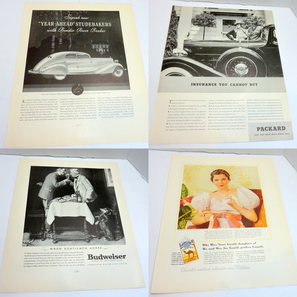 Bendix, Packard, Budweiser, Camel - Nice Lg Magazine Ads From 1930s Studebaker