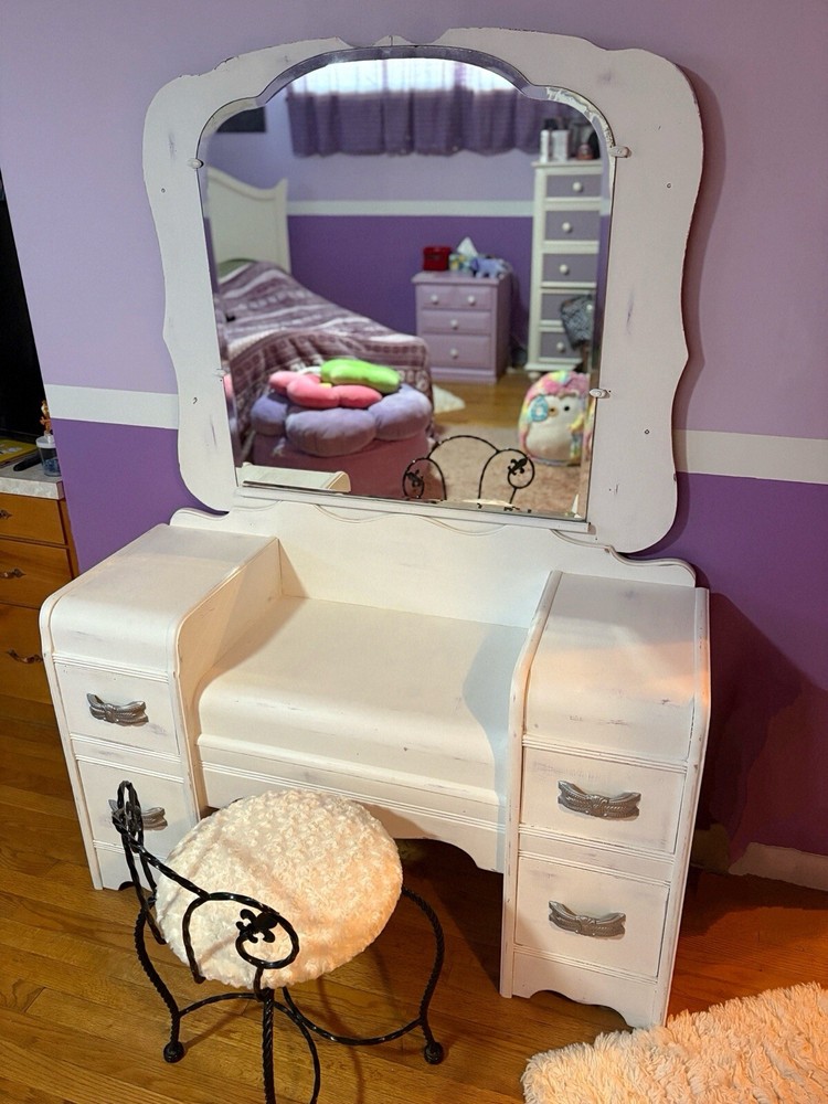Vintage Vanity With Mirror  & Stool
