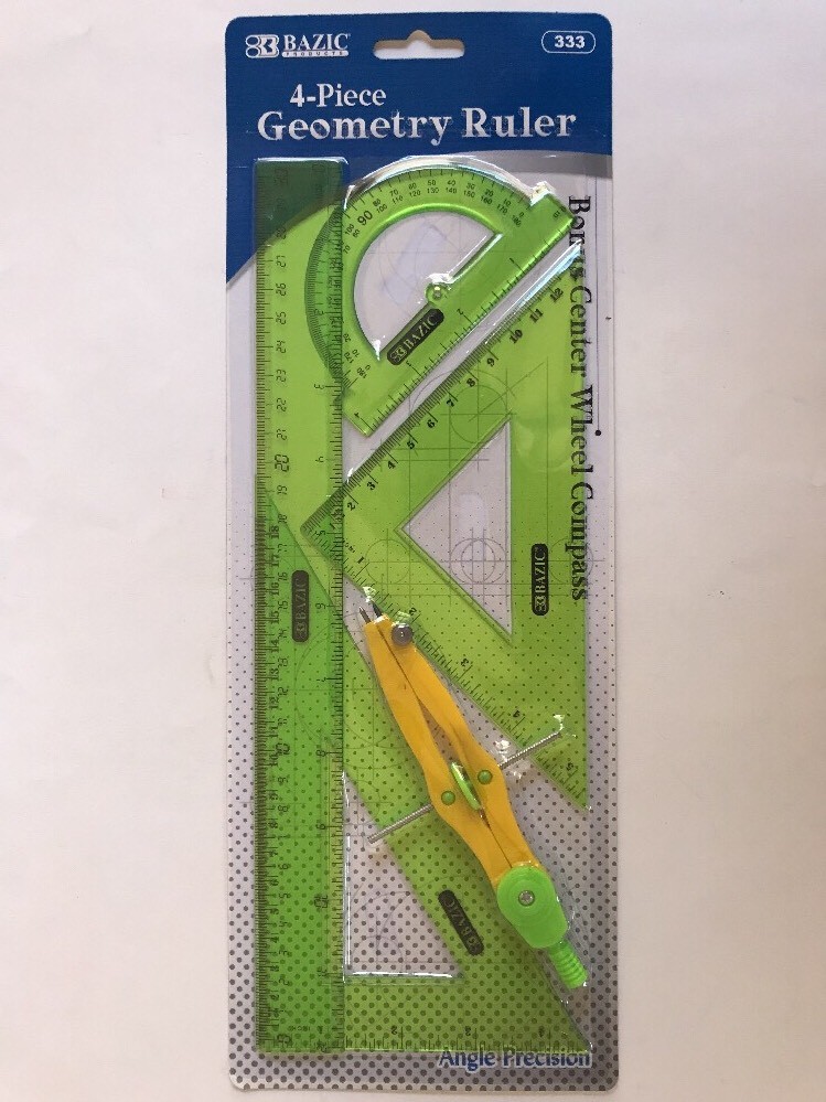 5-Piece Geometry Ruler Straight Triangle Protractor Compass Bazic New