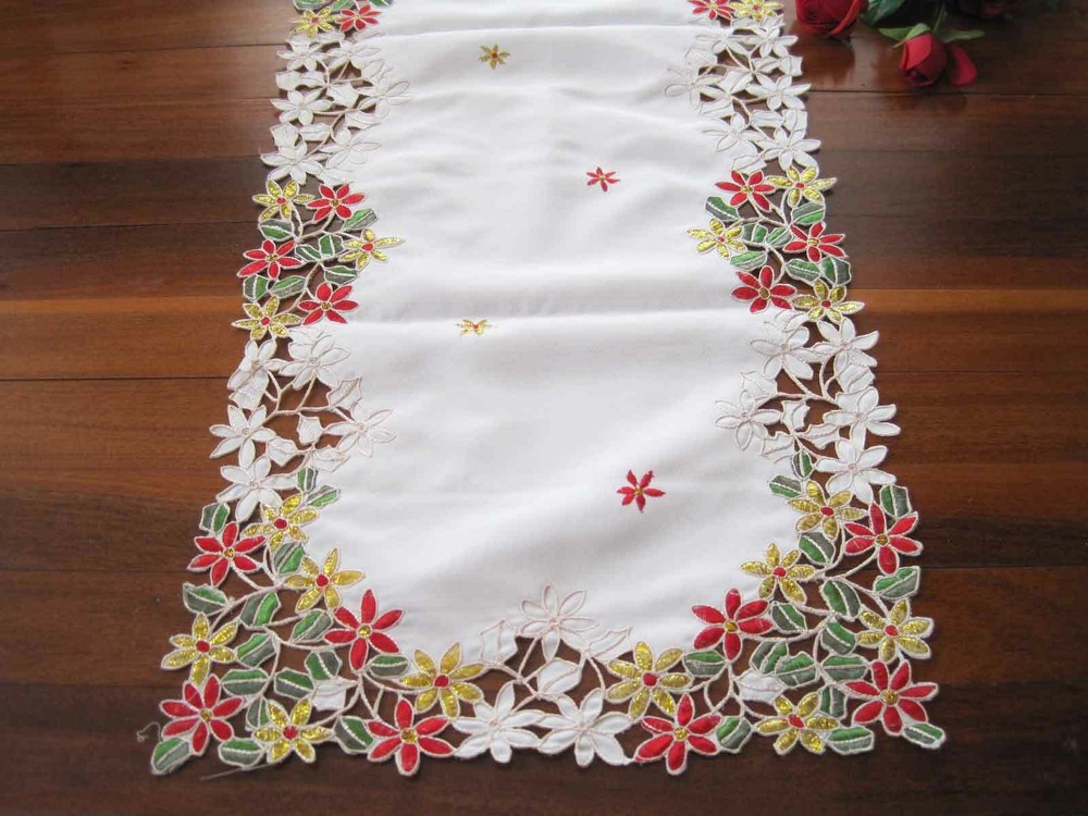 Pretty Red Golden Thread Flower Embroidery Cutwork Ivory Table Runner XL