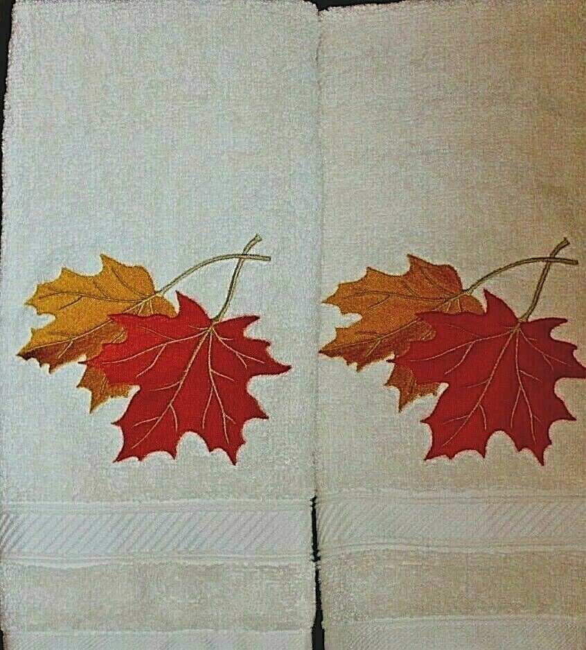Maple Leaf Pair Fall Autumn Leaves Bath RoomTowel Set EMBROIDERED Gift