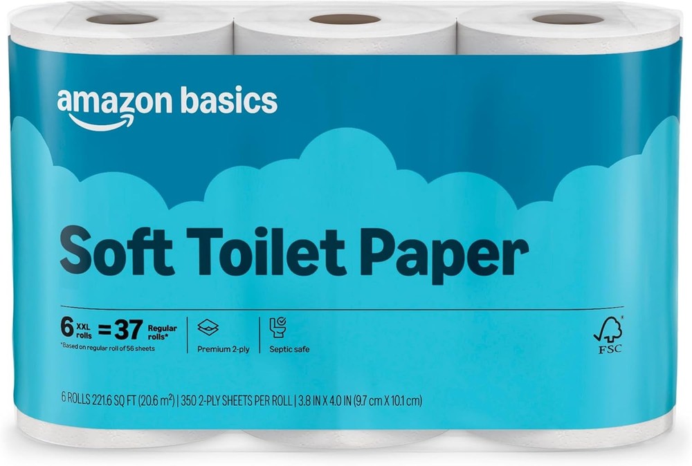 Amazon Basics 2-Ply Soft Toilet Paper, 6 Rolls, 350 Sheets per Roll, Equivalent