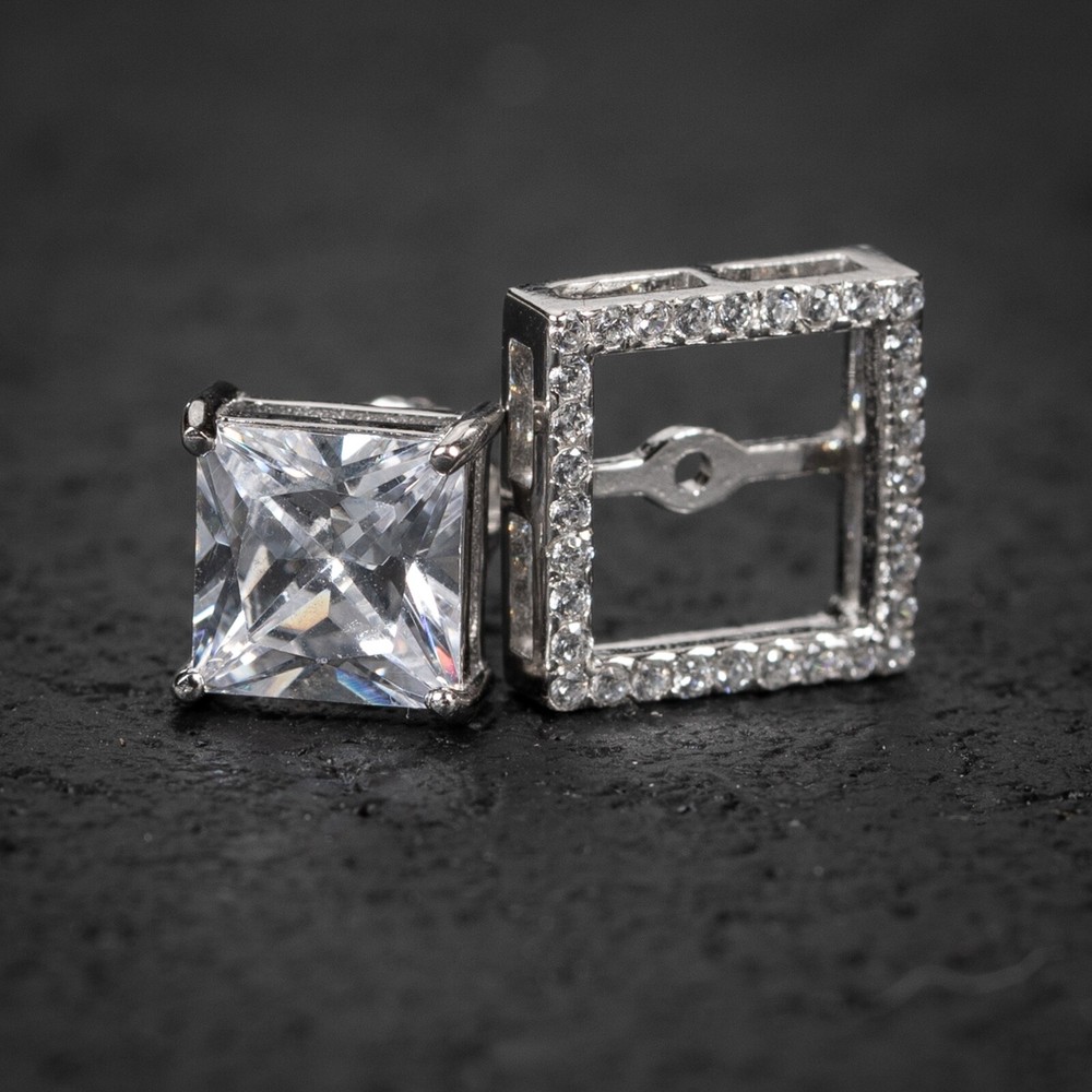 Mens Iced Interchangeable Sterling Silver Square Hip Hop Stud Earrings