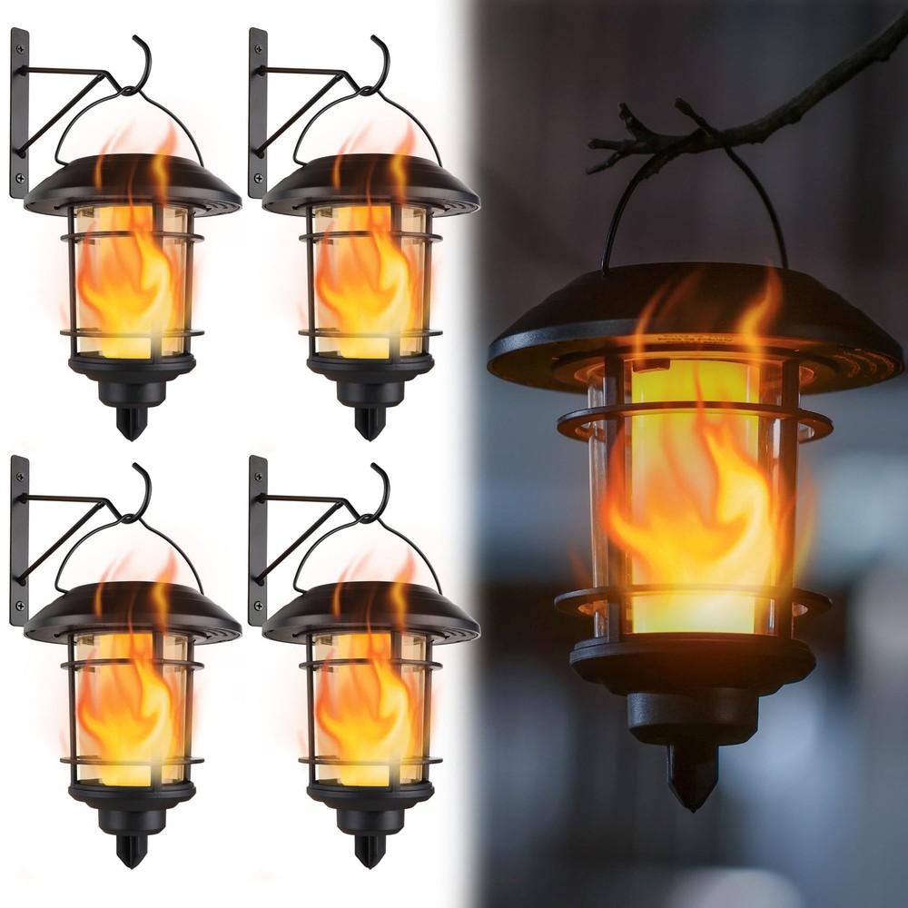 Dynaming 4 Pack Solar Flame Wall Lanterns Outdoor, Solar Powered Wall Mounted Sc