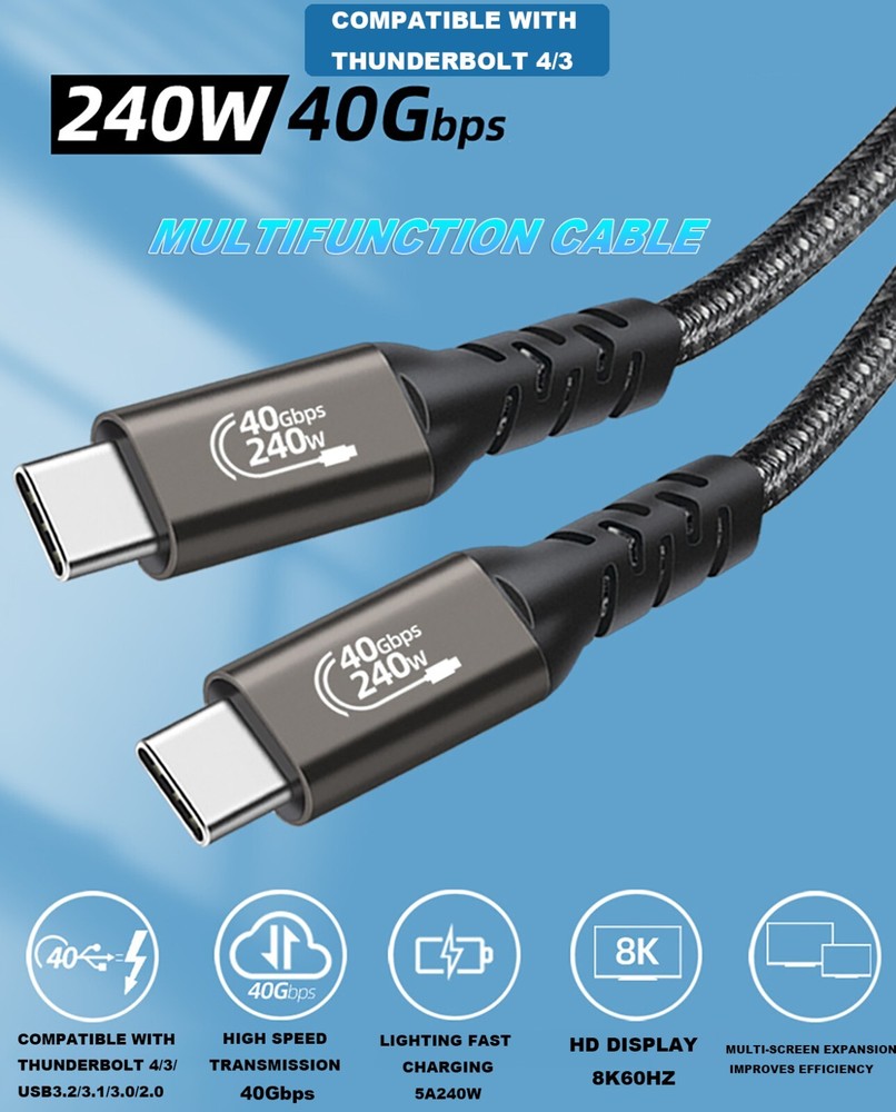 2-Pack USB 4.0 Data Cable 40Gbps Thunderbolt 4/3 8K Display 240W Fast Charging