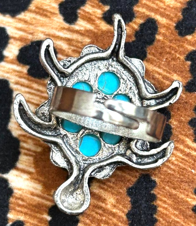 Woman's Vintage Turquoise Turtle Ring Silvertone Adjustable
