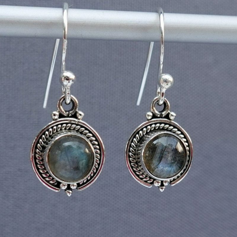 Sterling 925 Silver Solid Labradorite Stone Genuine Handmade Dangle Earrings