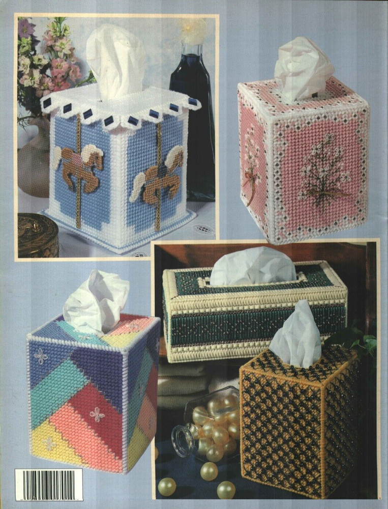 NEW METALLIC THREADS 9 TISSUE BOX COVERS PLASTIC CANVAS PATTERN BOOK