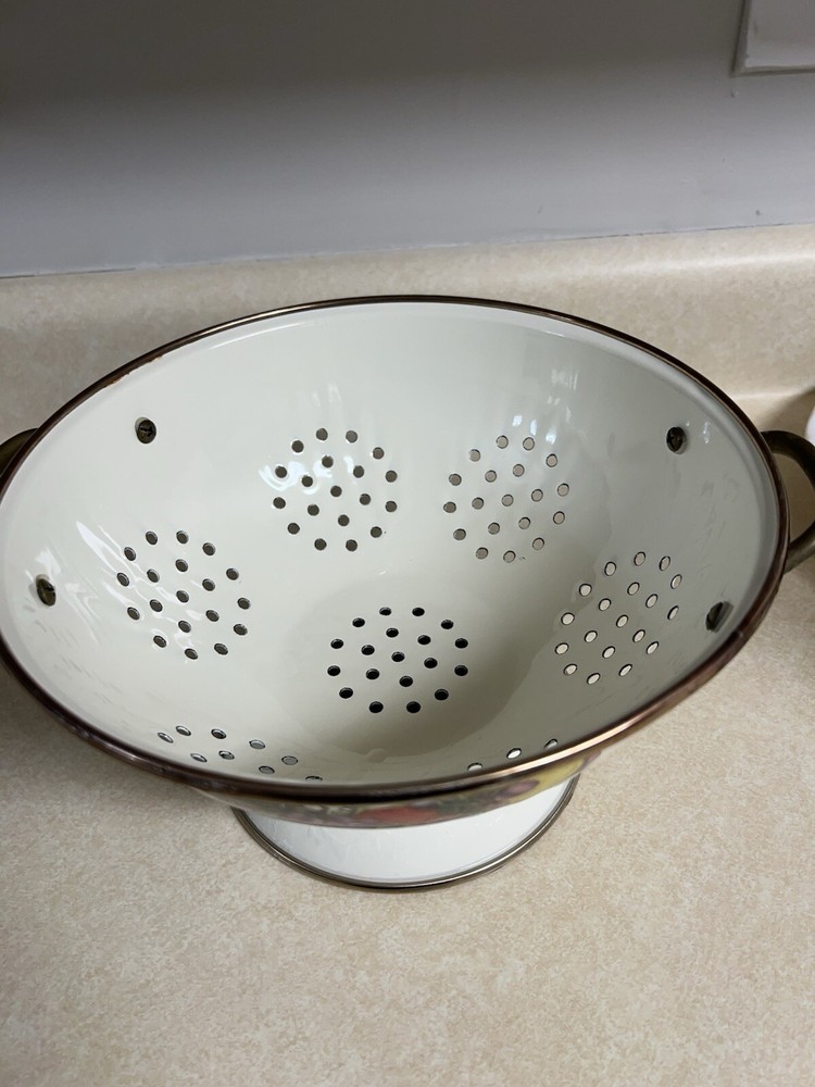 Vintage Cornucopia Enamelware Colander Made in Japan Copper Handles