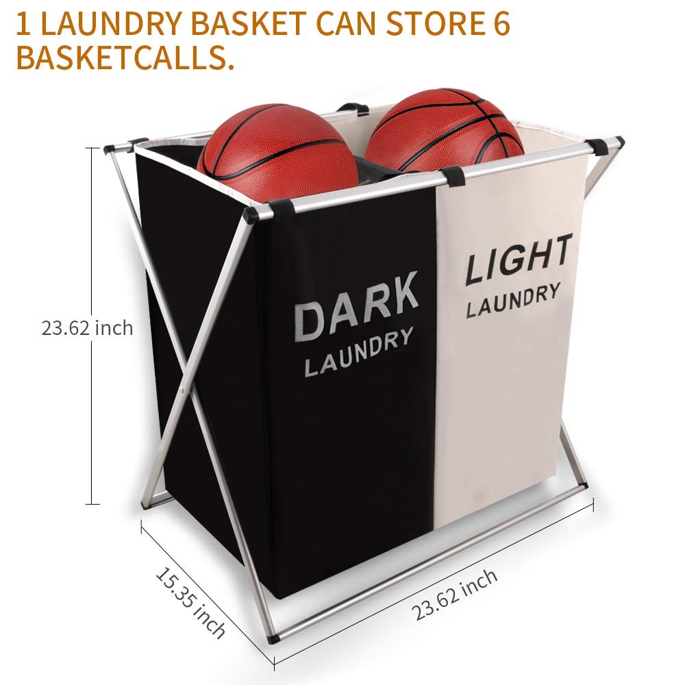 2-Section Laundry Hamper with Aluminum X-Frame Folding Washing Basket Bag