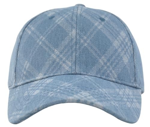 Unstructured Distressed Baseabll Cap Medium-Large Blue（plaid/Soft Structure）