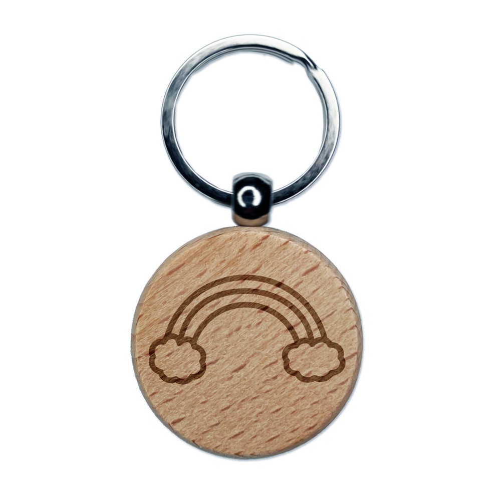 Rainbow with Clouds Engraved Wood Round Keychain Tag Charm