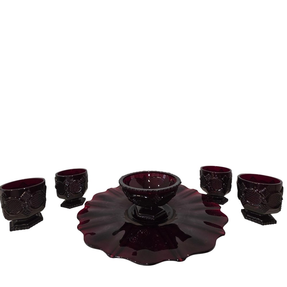 Anchor Hocking Platter + 5pc Avon 1876 Cape Cod Ruby Red Glass Bowl & 4 Glasses