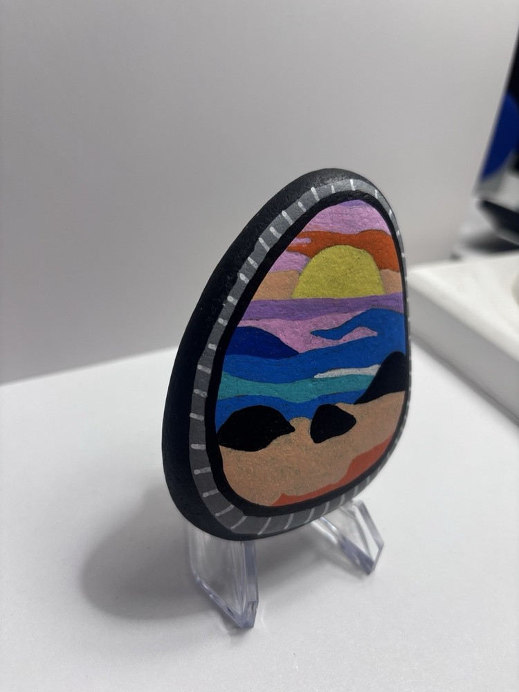 Handpainted Rock Signed Colorful Sunset Landscape Art