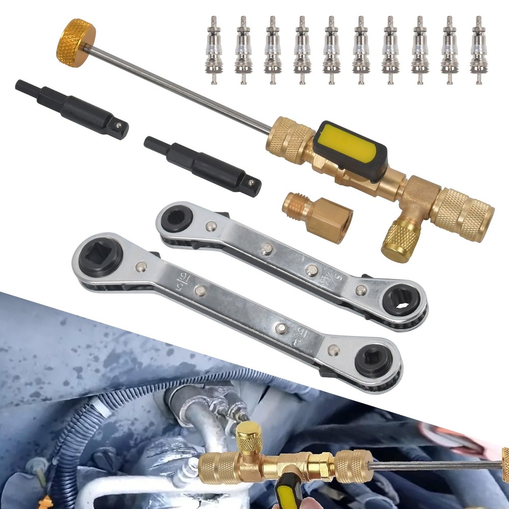 Valve Core Remover Installer Tool & HVAC Service Wrench with Hex Bit Adapter Kit