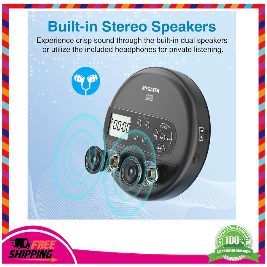 MEGATEK Portable CD Player Bluetooth for Car FM Transmitter Rechargeable Black