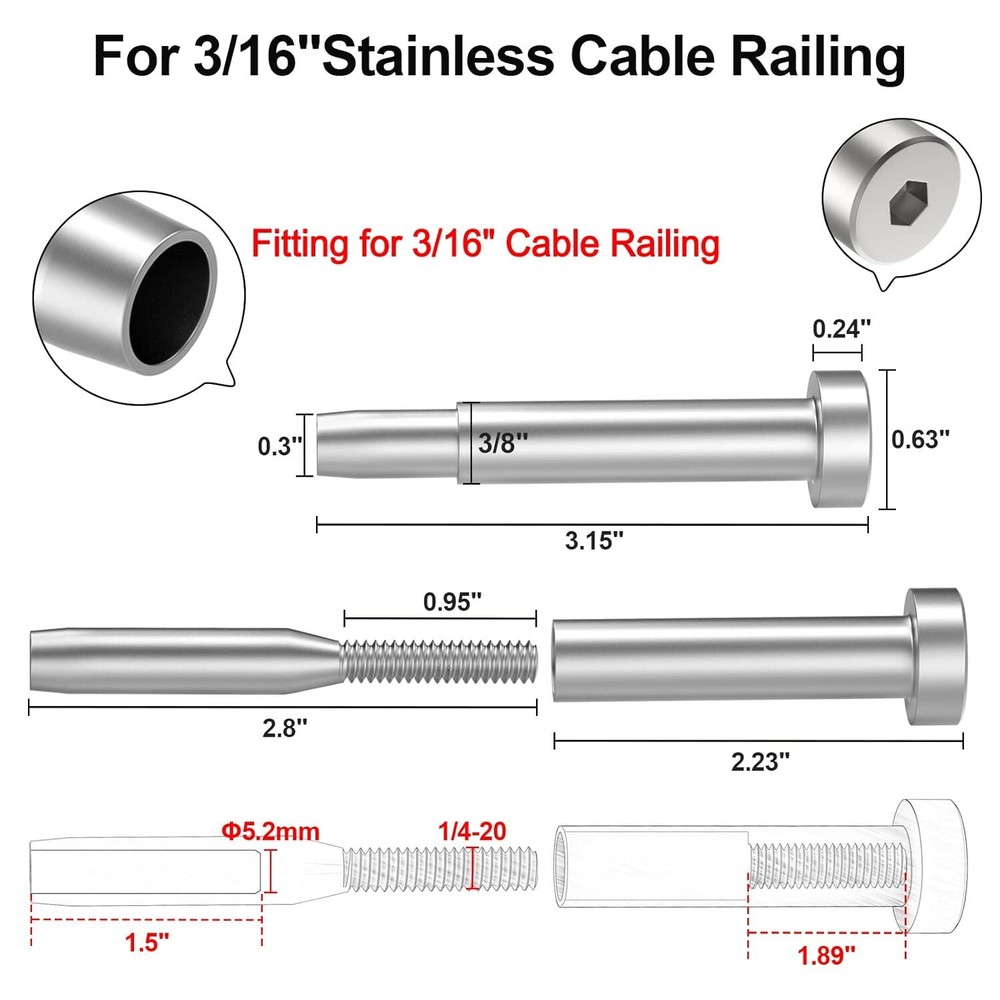 50 Pack 3/16" Invisible Cable Railing Kit Receiver and Swage Stud End Cable New