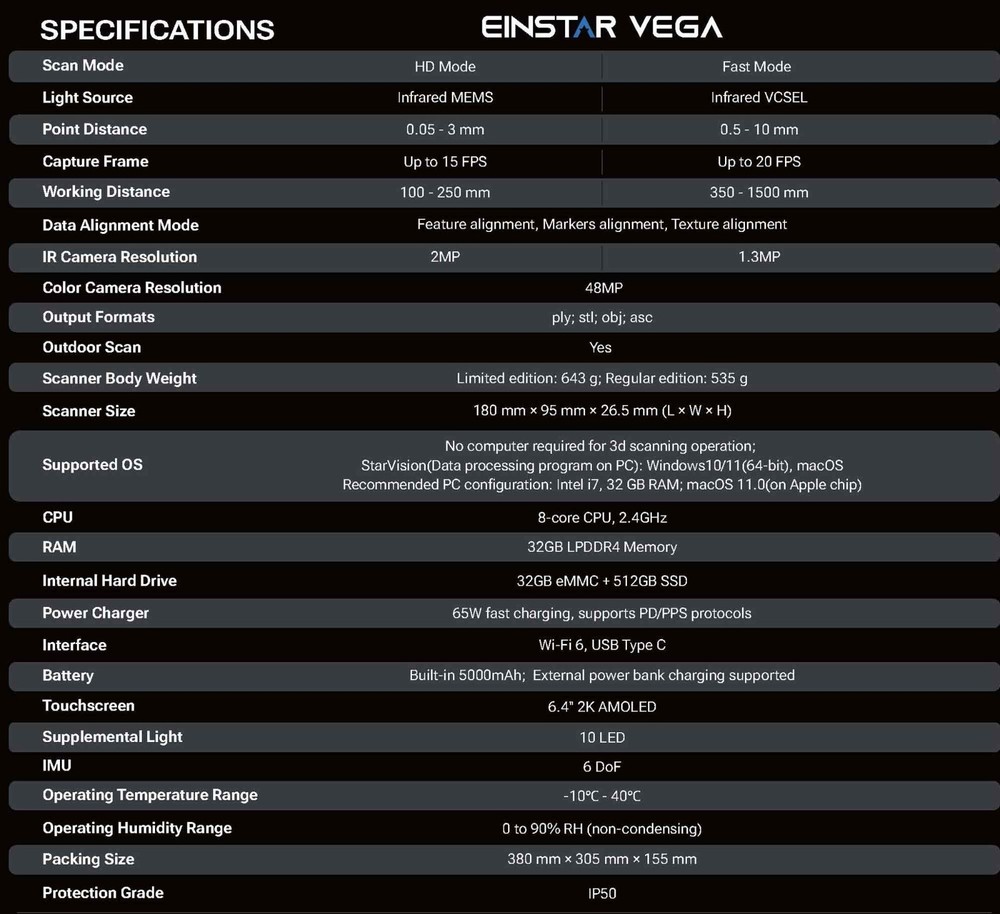 Shining 3D Vega Wireless 3D Scanner | Handheld | Turntable | Dual Tech | 512G SS