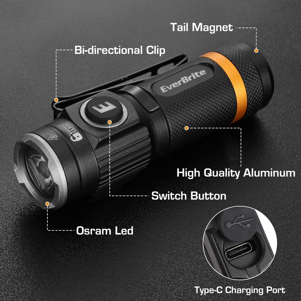 EverBrite Mini Flashlight, Rechargeable Flashlight with USB C Cable 500 Lumens
