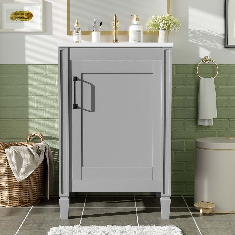 20" White Bathroom Vanity: Ceramic Sink, Soft-Close Door, Adjustable U-Shelf,