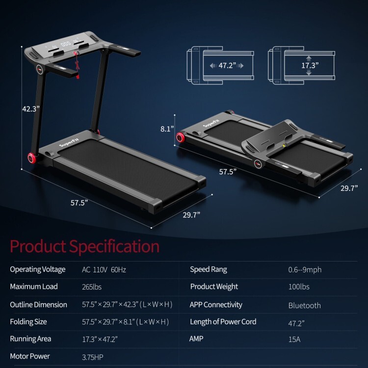 Electric 3.75HP Folding Treadmill Running Walking Home W/ 12 Program APP Control