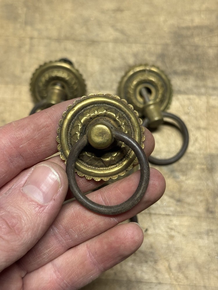 4 Victorian Drawer Pulls Hardware, Square Nut- Brass- Floral Design