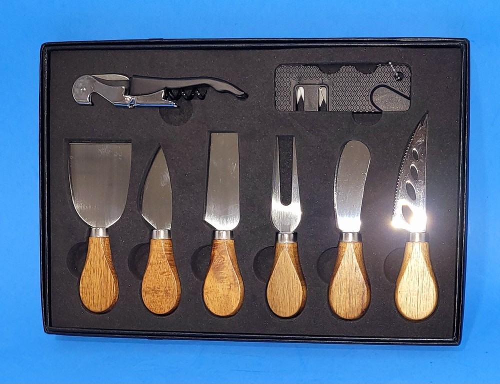 Hychill Serving Ware - 8PC Set Cheese Knives - Sharpener and Wine Opener