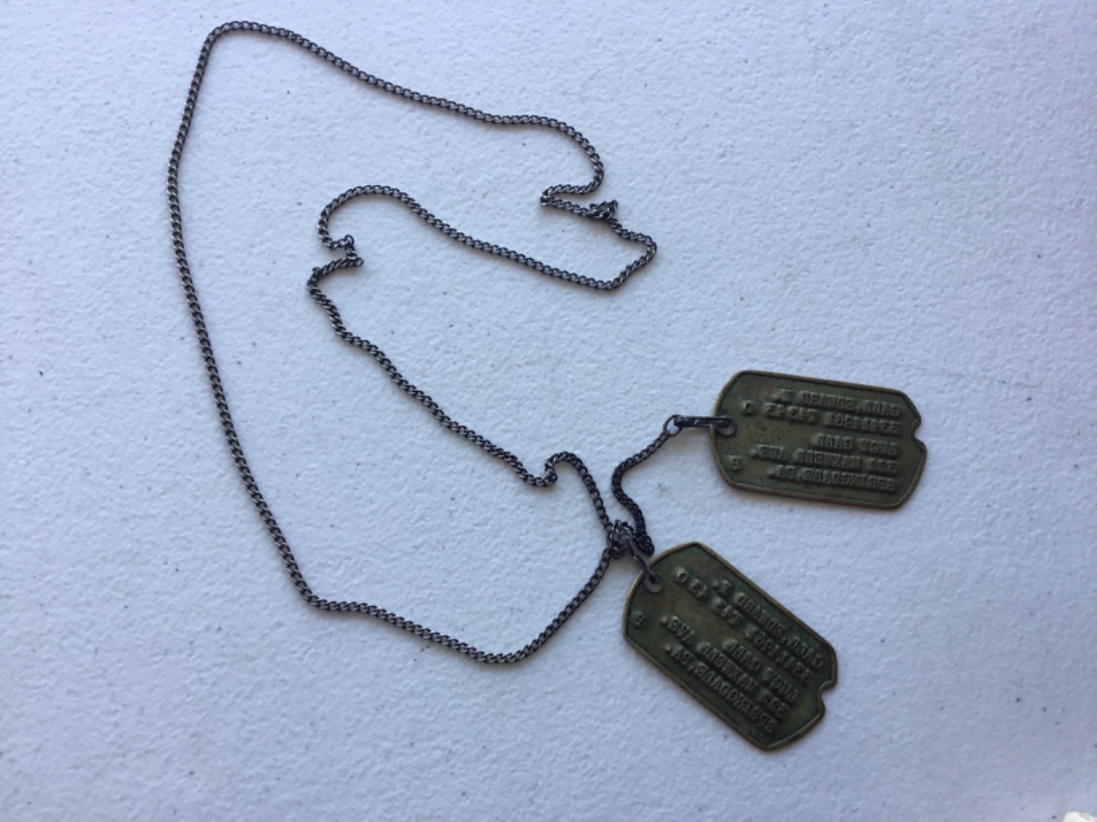 WWII Brass Notched Dog Tags On Sterling J-Hook Chain T-43 P