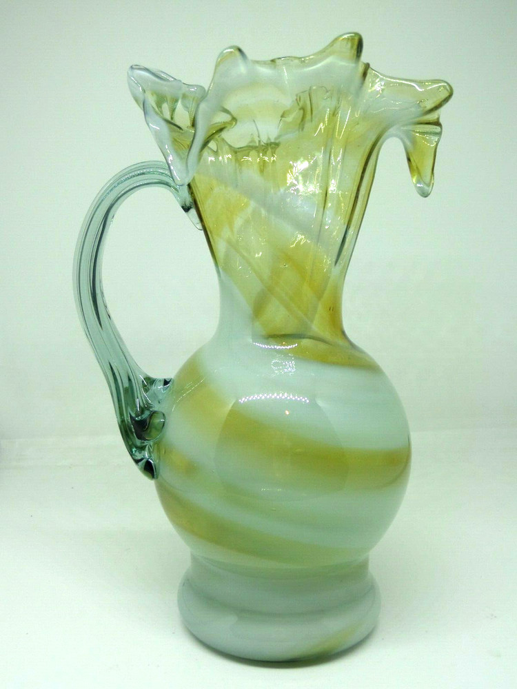 Art Glass Ruffled Pitcher Amber & White 7"