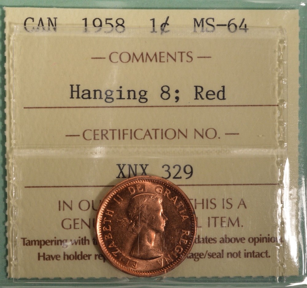1958 - Canada Penny - Hanging 8 - Graded - ICCS MS-64 RED
