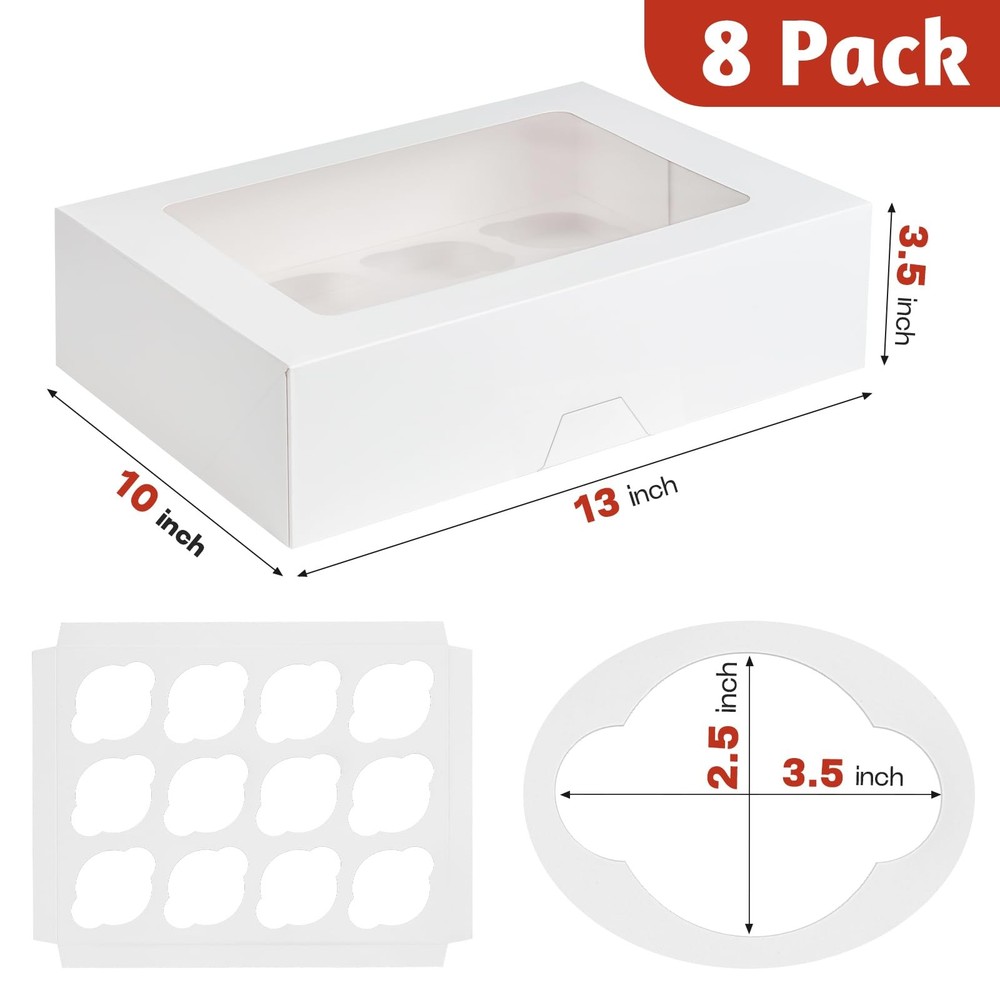 12 Count Cupcake Boxes, 8 Pack Auto-Popup White Cupcake Containers with Windo...