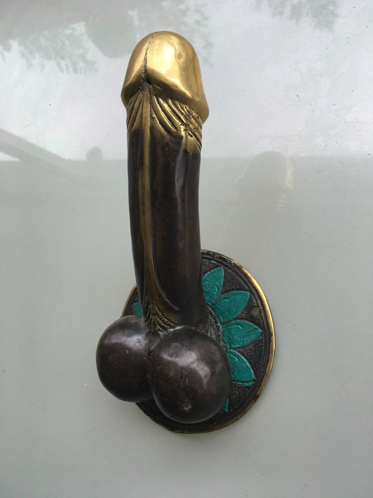 large version PENIS erect DOOR PULL HOOK heavy aged brass 9 " handle hand made