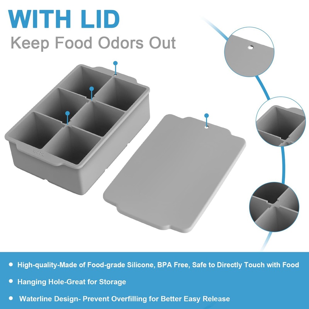 2 Pack Large Ice Cube Tray with Removable Lid Silicone Square Ice Cube Mold
