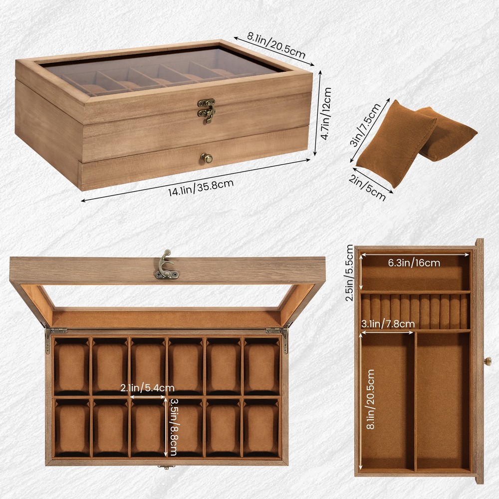 12 Slots Watch Box Solid Wood Storage Display Case Wrist Watch Case