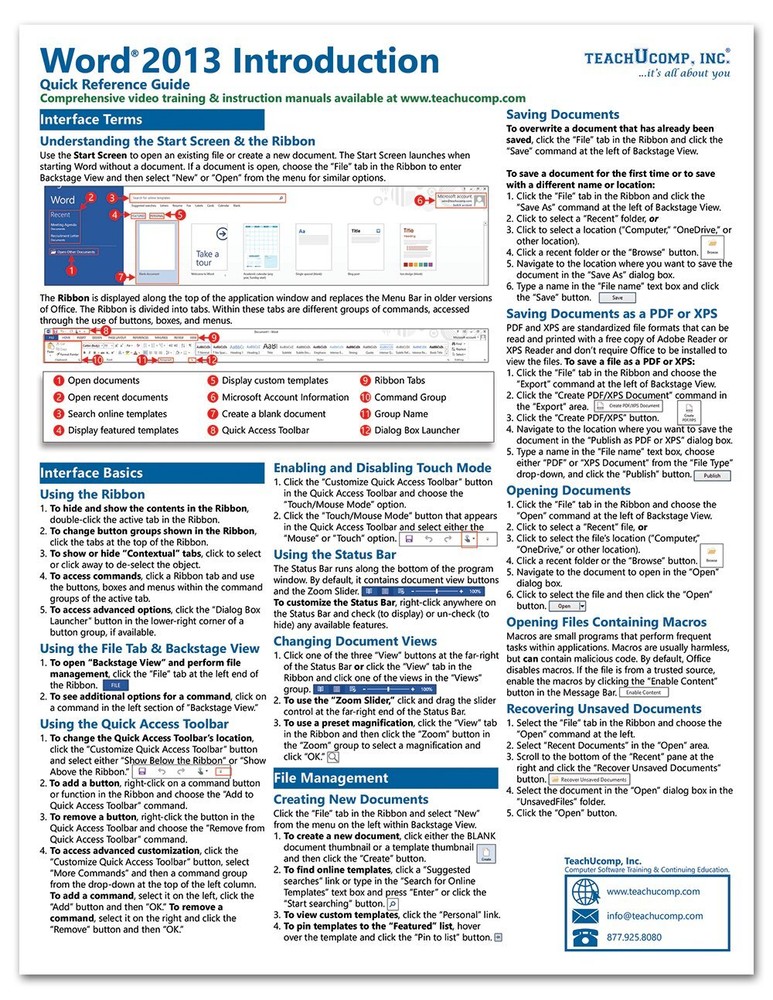 Word 2013 Training Guide Quick Reference Card 4 Page Cheat Sheet Instructions