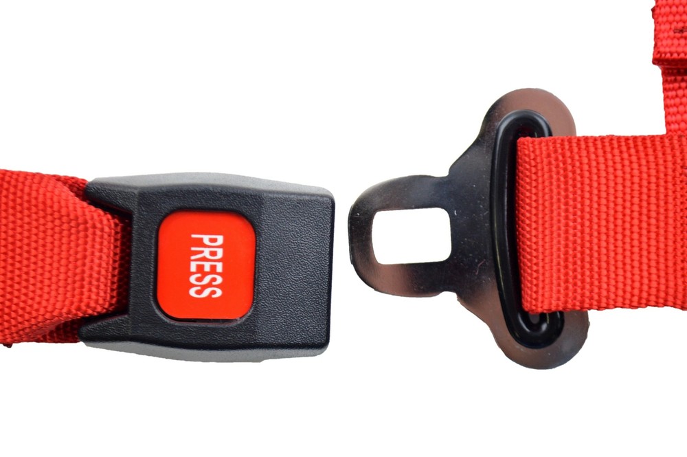 2" RED 4 POINT SEAT BELT HARNESS PULL DOWN LAP BELTS FLOOR MOUNT PUSH BUTTON