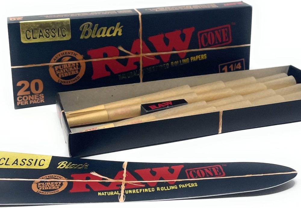 RAW Cones Black 1 1/4 Size 20 Pack & Loader Slow Burning Pre Rolled Cones & Tips