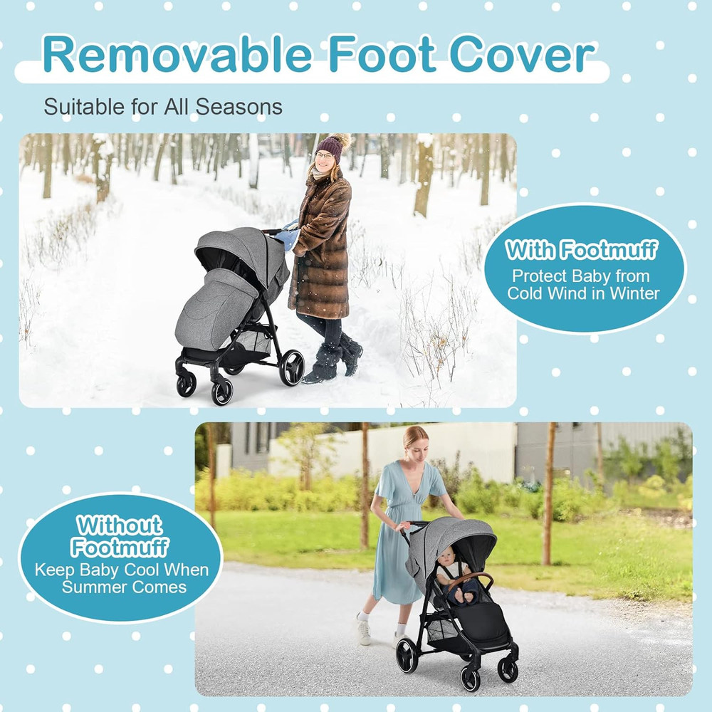 Foldable Baby Stroller with Adjustable Canopy & Storage Basket - Gray