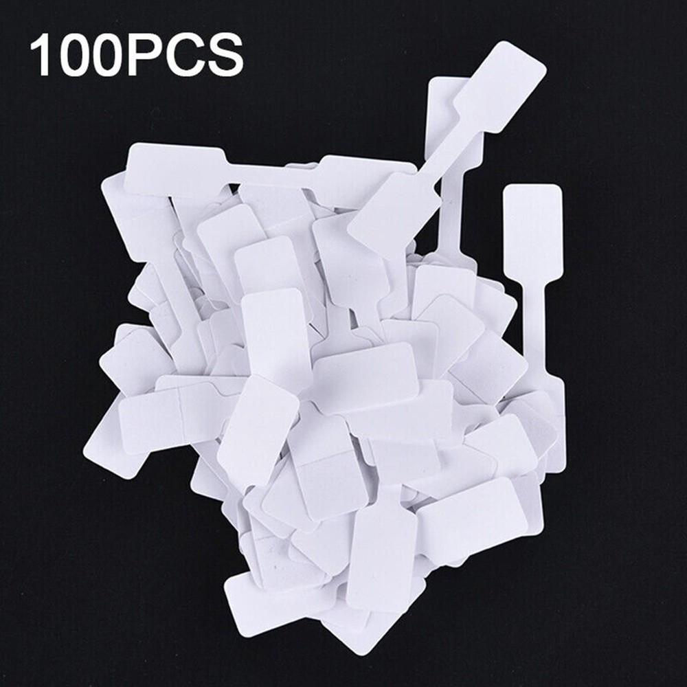 100x White Square Head Adhesive Price Label Tags with Hanging String uu