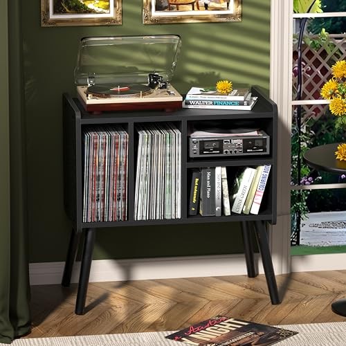 Record Player Table, Mid-Century Record Player Stand with Vinyl Storage Black