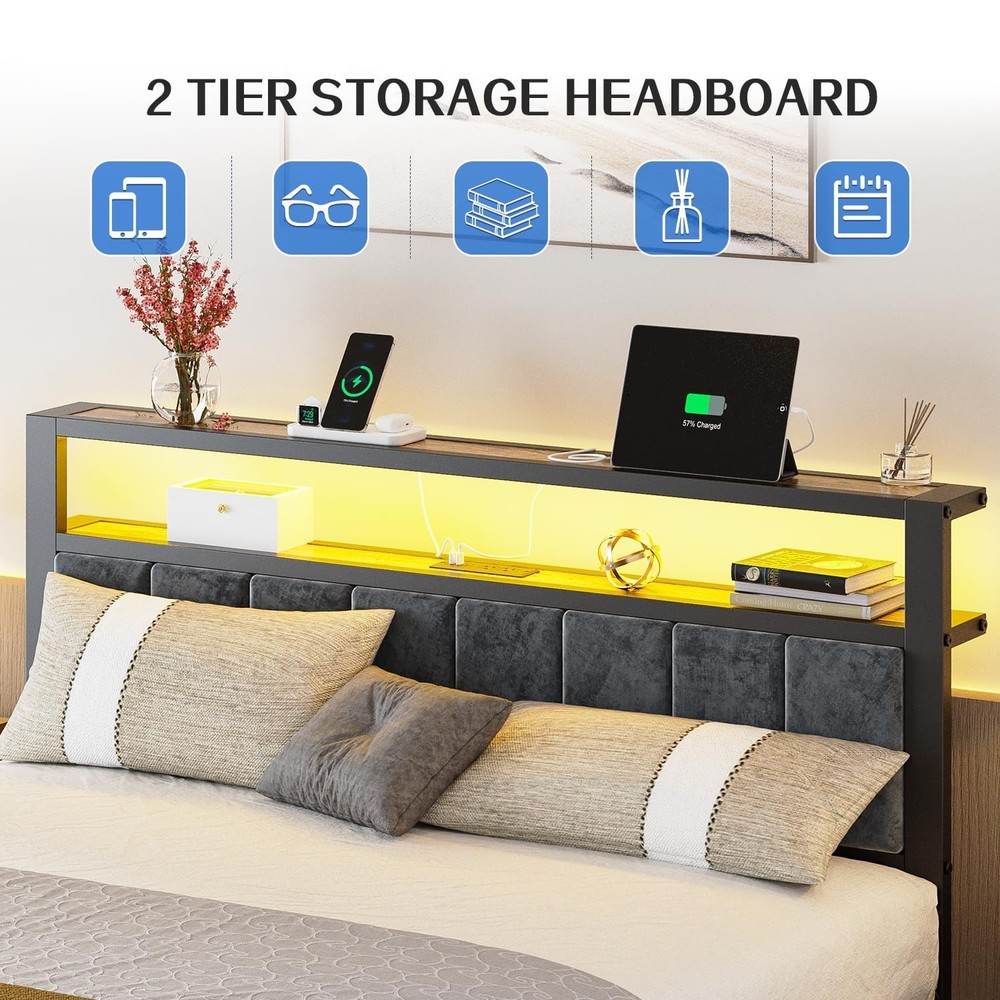 Liians Queen Size Bed Frame with 2-Tier Storage Shelves Headboard, Platform B...