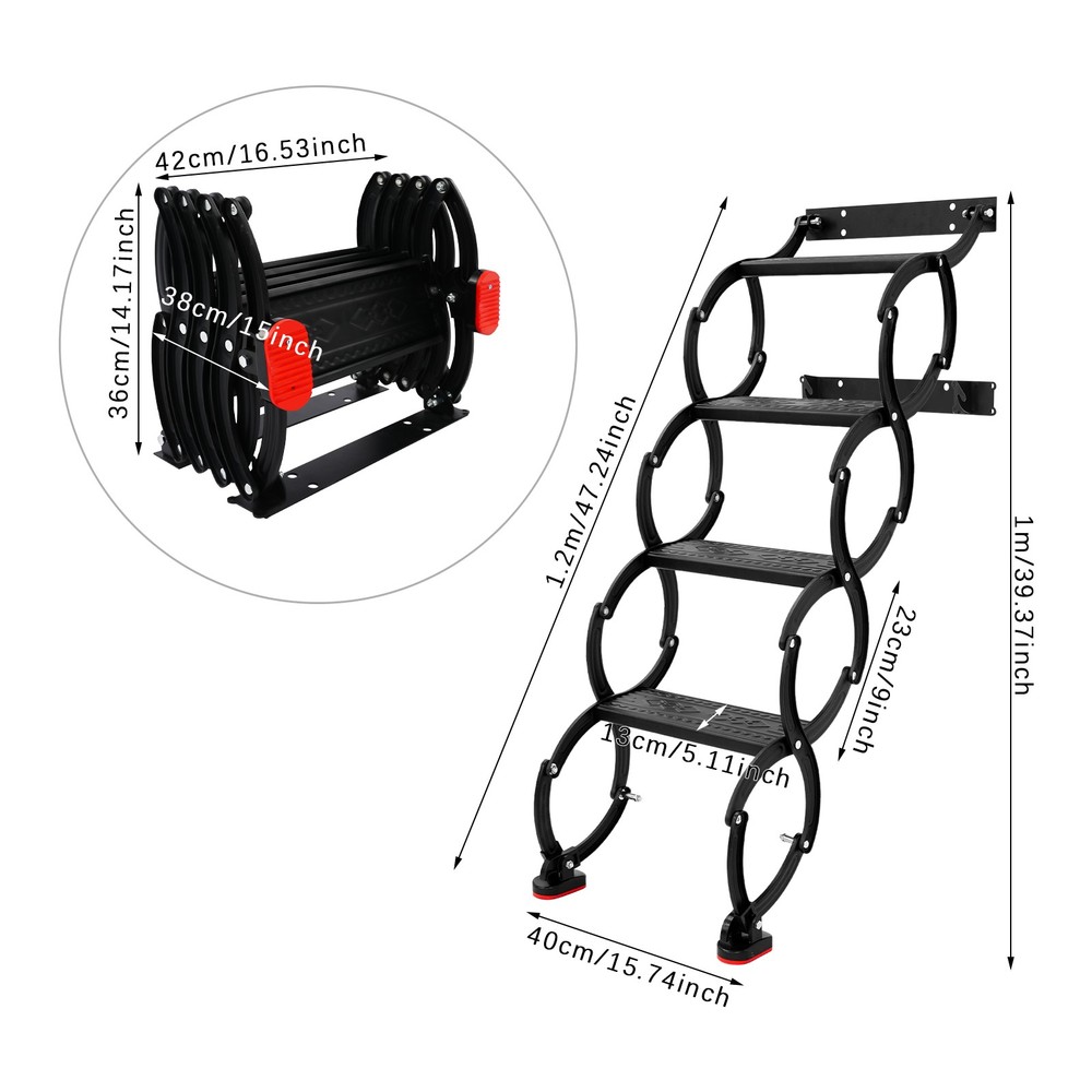 4-Step Wall Mounted Folding Ladder, Black Retractable Telescoping Step Ladders