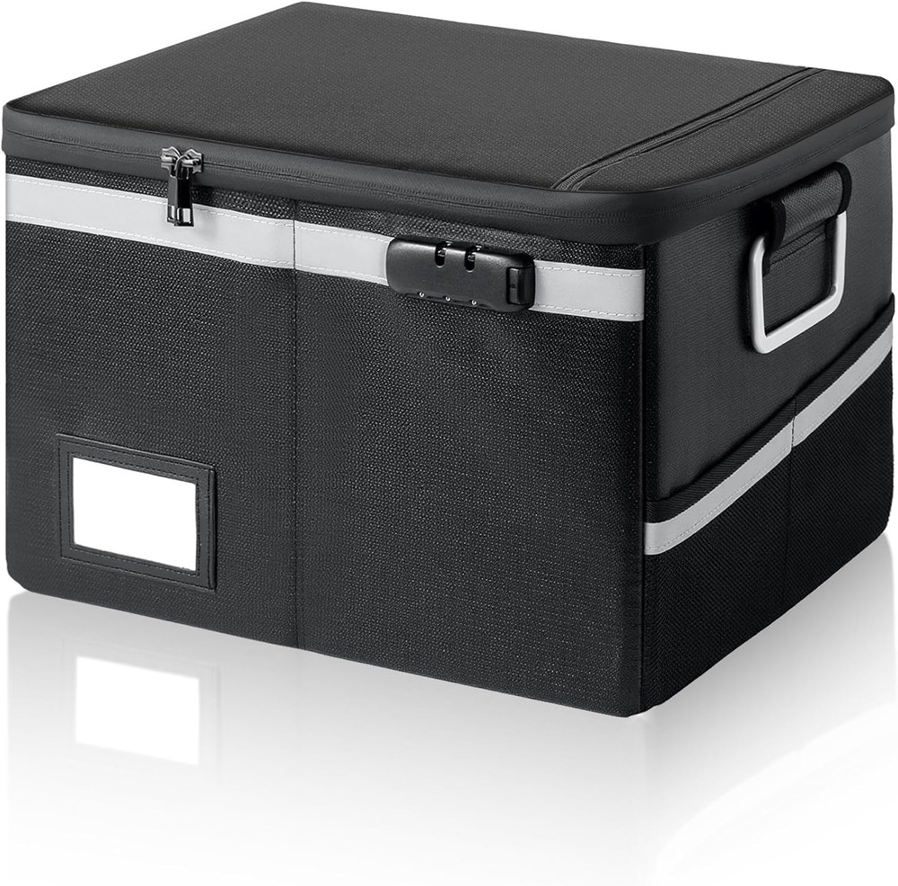 Fireproof Waterproof Document Box with Lock - Portable File Organizer (Black)