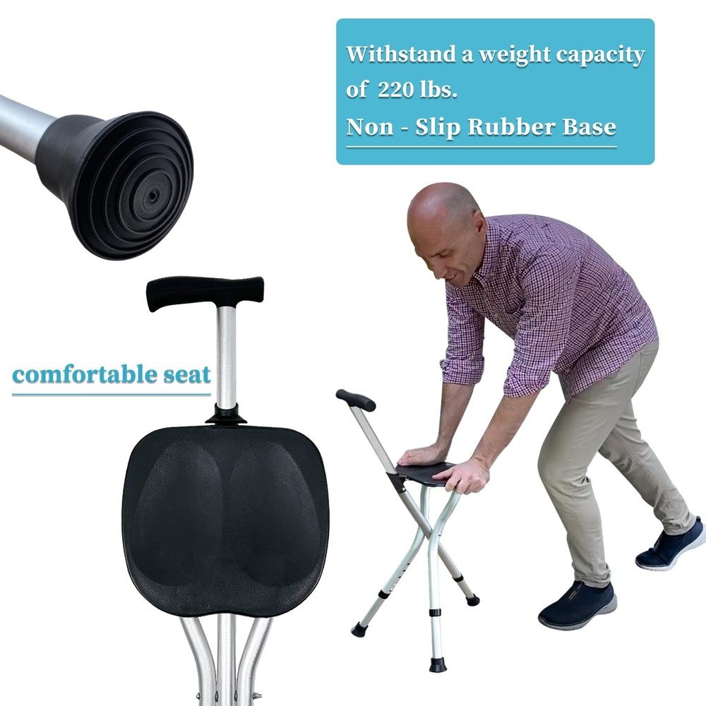 Portable Adjustable Folding Walking Cane with Seat Allows Durability While Wa...
