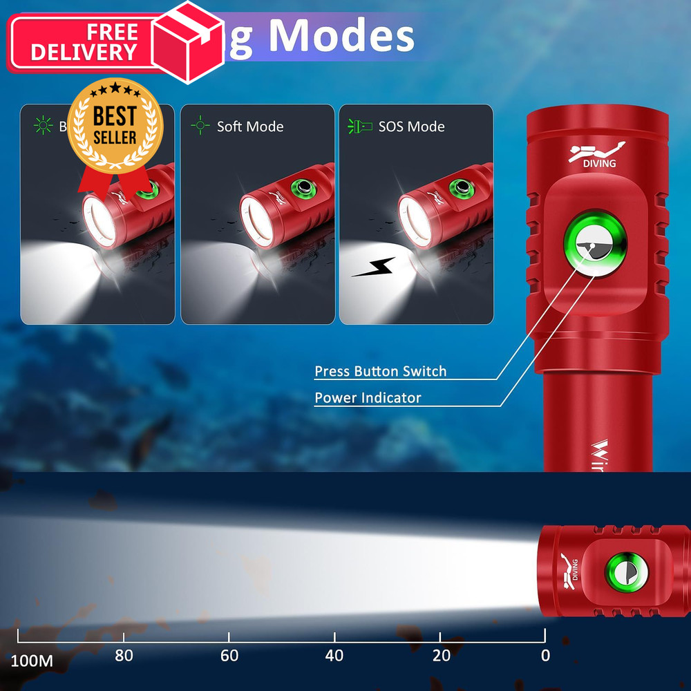 WINDFIRE TS08 Dive Light Super Bright, Scuba Flashlight Red-TS08