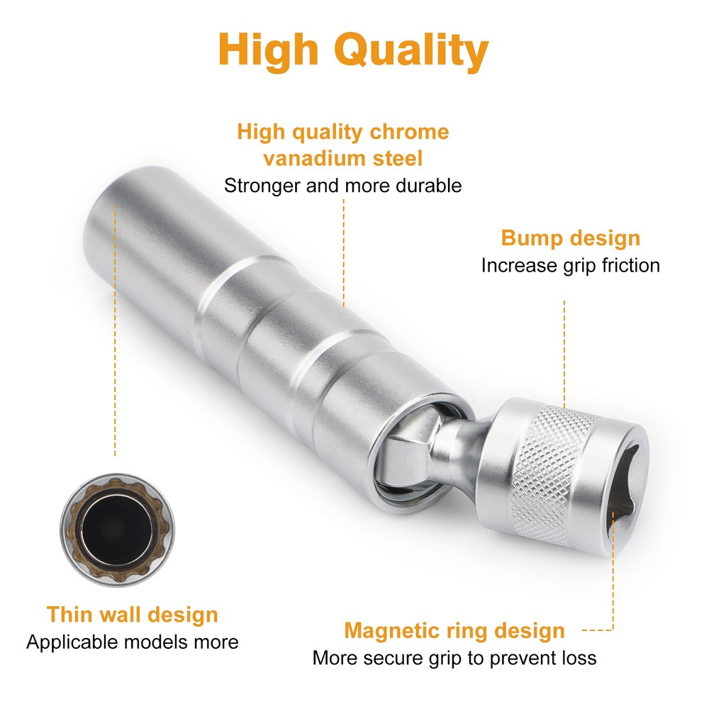 12MM 14MM 16MM Thin Wall Magnetic Swivel Spark Plug Socket 12-Point Removal Tool