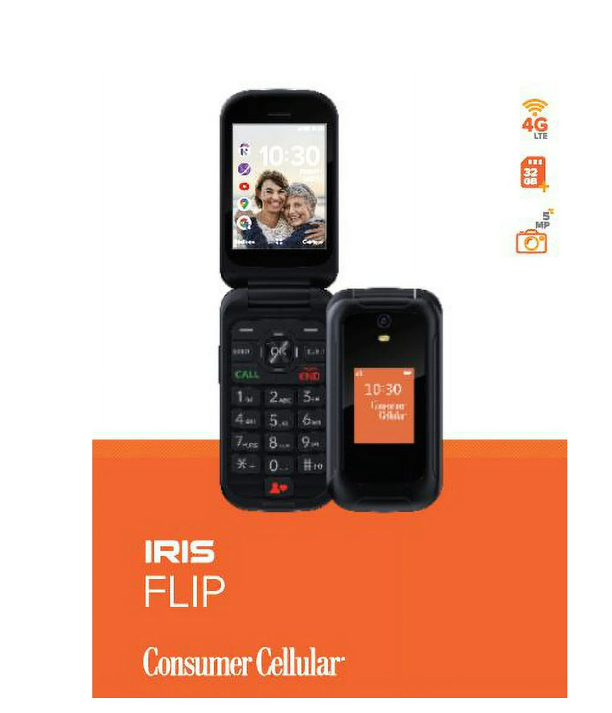 Consumer Cellular Iris Flip • Easy Senior Phone • Large Buttons • Voice‑to-Text
