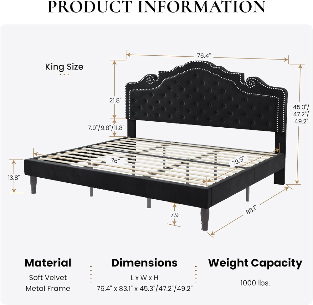 King Size Platfrom Bed Frame with Adjustable Headboard/Velvet Upholstered Diamon